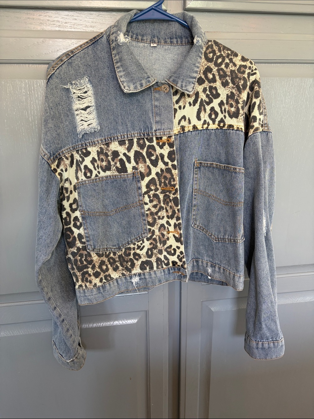 Maurices Two-Tone Leopard Patchwork Denim Jacket - Blue/Beige